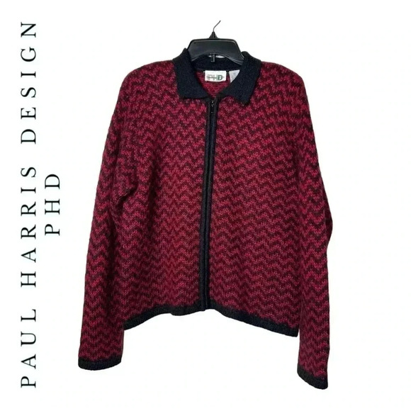 1535. VINTAGE PAUL HARRIS‎ DESIGNS MOHAIR LONG SLEEVE FULL ZIP CARDIGAN CHEVRON - Picture 1 of 9